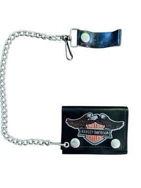 Harley-Davidson Black Trifold Chain Wallet - Men's Vintage Made in USA Edgy